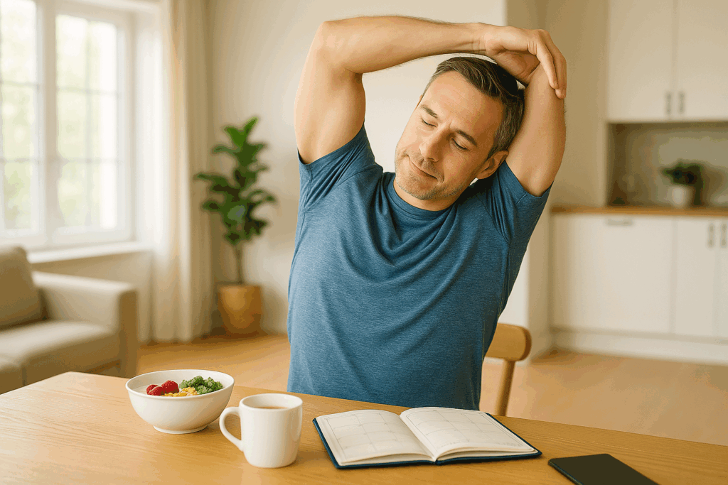 繁忙期でも健康を守るため、自営業者が脳と腸の働きを整える朝のルーティンを取り入れている様子