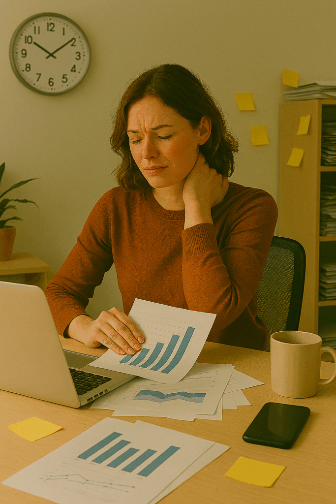 繁忙期に仕事量の増加で疲れを感じる自営業者が、体調不良の兆候に気づかず業務を続けている場面