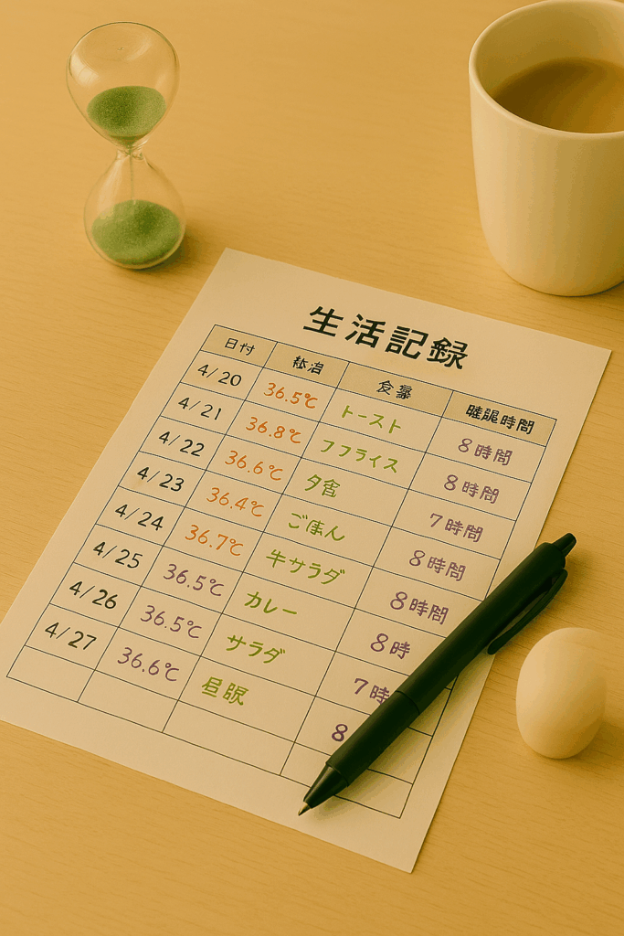 冷え性改善を目的に、次世代型メンタル腸活Heilunの生活記録テンプレートを使って体温・食事・睡眠の習慣を管理する女性