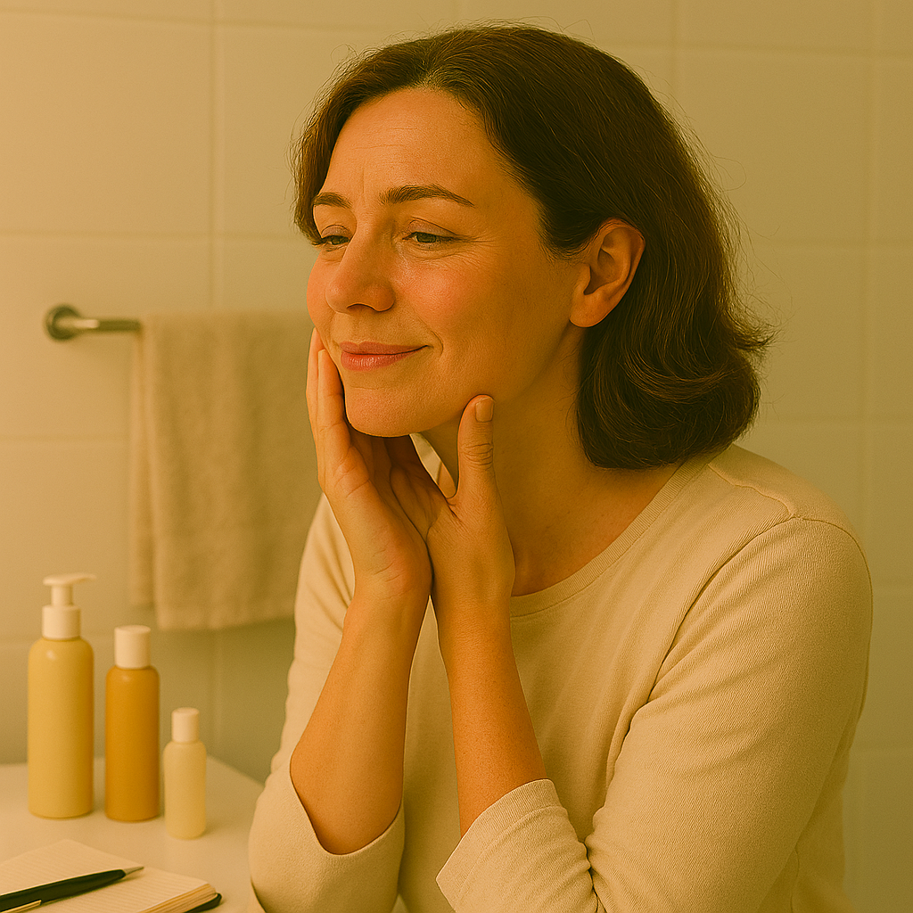 40代女性が冷え性による血流低下の影響を意識し、次世代型メンタル腸活Heilunのケアで肌の血色を改善しようとしている場面