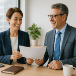 40代の管理職がチーム成果を高めるために、自分の自己成長時間を確保する方法を話し合っている様子