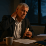 50代のベテラン経営者が、夕方のオフィスで肩や首の疲れを感じながら体力低下に悩んでいる様子を描いた画像。年齢と仕事の負荷による健康課題を象徴するシーン