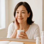 40代女性がフェイスラインのたるみ改善後に鏡を見て笑顔になる様子。内側からのケアで若々しさを取り戻した事例を伝えるため