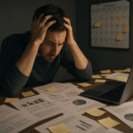 案件の進捗管理がうまくいかず頭を抱える30代フリーランス男性が、優先順位を判断できず悩んでいる様子