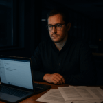 成果を出しているのに心が満たされず孤独を感じている30代の自営業男性が、深夜のオフィスで無表情にPCを見つめている様子