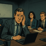 職場で部下同士の対立に頭を抱える40代管理職が、チームの競争による雰囲気悪化を立て直す方法を探している様子