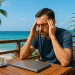 50代自営業男性が休暇中でも仕事のことを考えてしまい疲弊している様子を伝えるイメージ