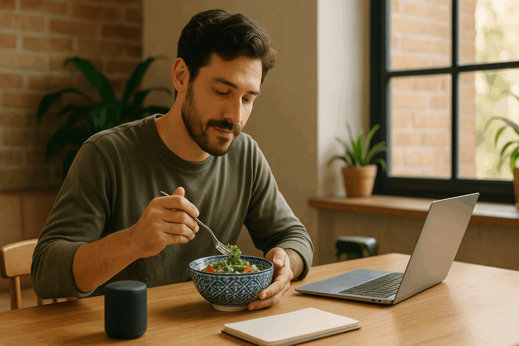 孤独感の軽減と脳のミラーニューロン活性化のために、昼食時に五感刺激を取り入れている30代フリーランス男性