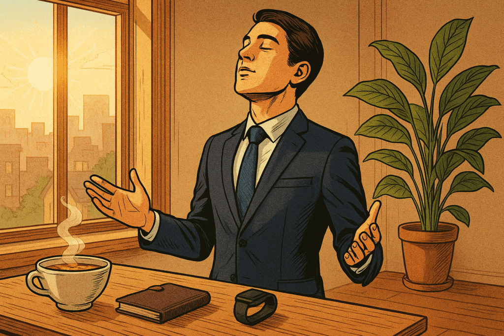 集中力が低下しているビジネスパーソンが、次世代型メンタル腸活Heilunで紹介された呼吸・食事・姿勢ケアを取り入れて仕事脳を再起動しようとしている様子