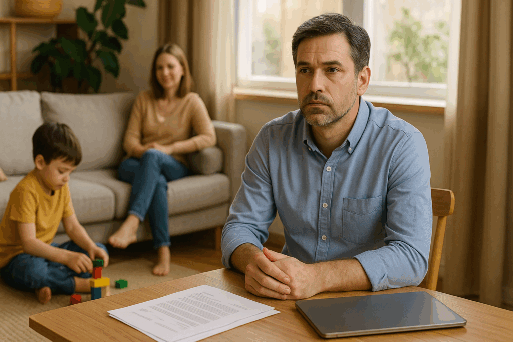 ベテラン自営業男性が家族と過ごしながらも仕事が頭から離れず上の空になっている場面を示す