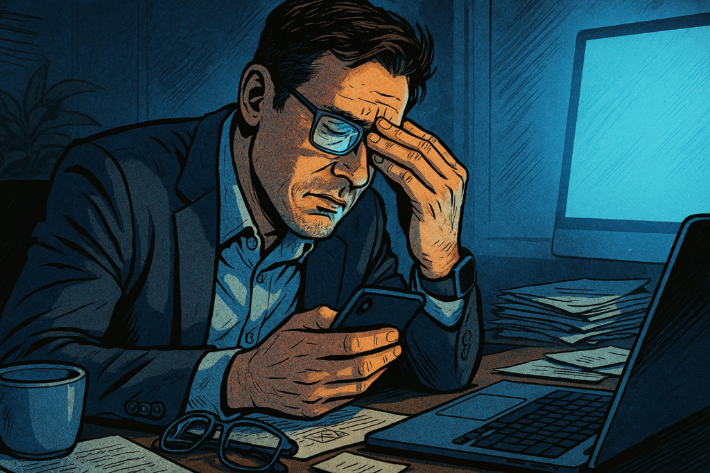 情報を詰め込みすぎて思考が混乱し判断力が低下している30代ビジネスパーソンが、判断できない原因が脳の情報処理過多にあると気づこうとしている様子