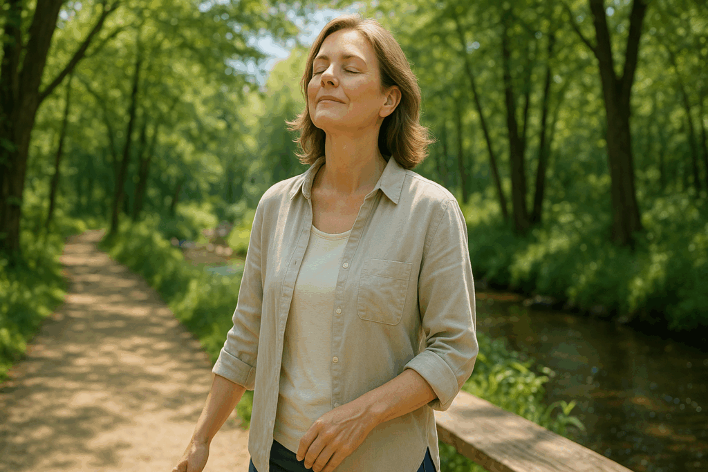 ベテラン自営業女性が脳と腸をつなぐ神経を緩めるために自然の中を散歩してリラックスしている様子