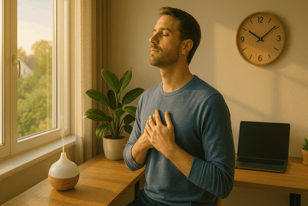 案件管理で混乱した思考を整えるために、朝のリブート習慣で脳と腸の連携を整えている30代男性