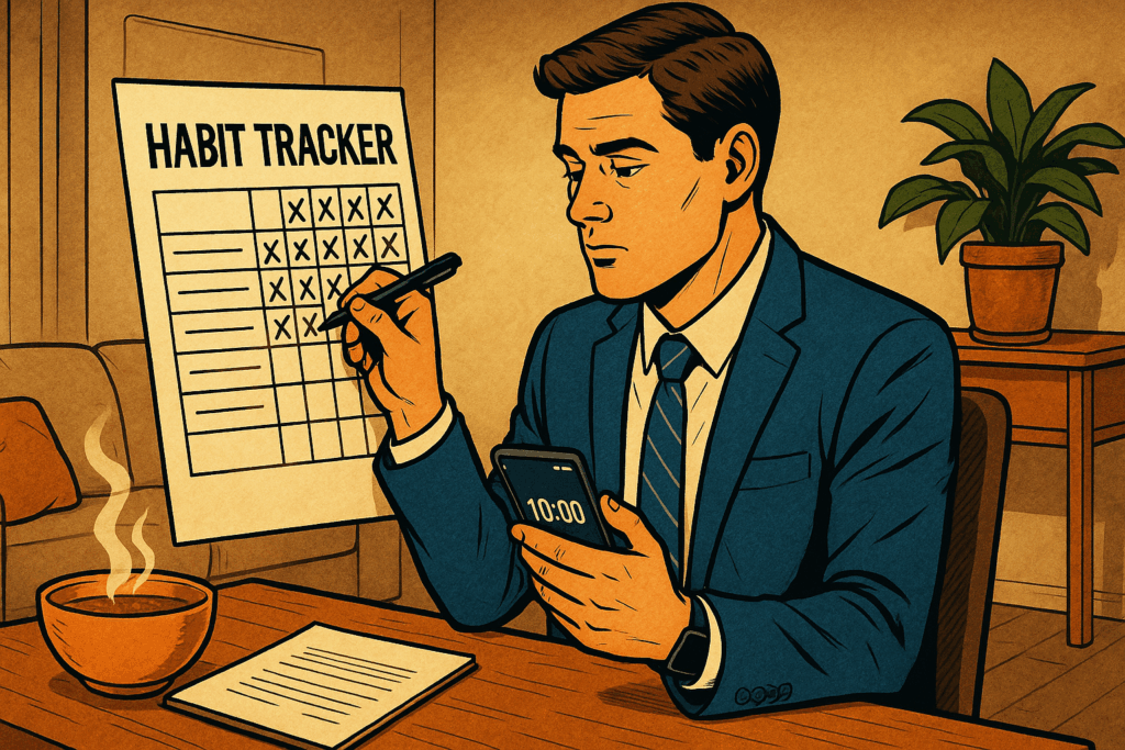 ビジネスパーソンが次世代型メンタル腸活Heilunで紹介されたセルフケアを日常に取り入れ、仕事脳を再起動するために習慣を可視化している様子