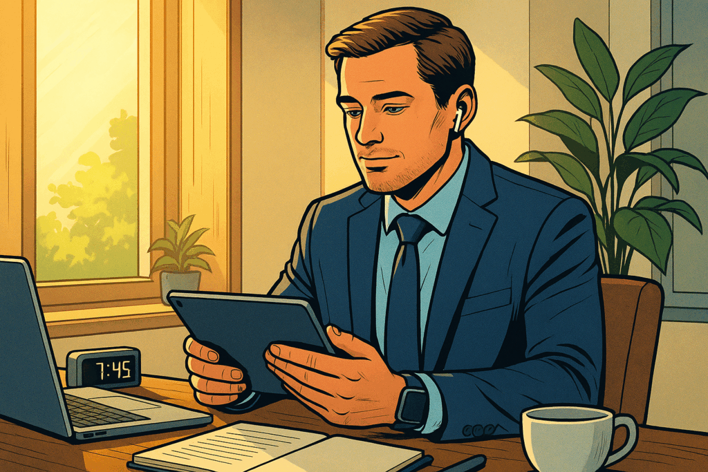 副業の情報に振り回されなくなり、判断力が回復して落ち着いた表情で情報を選べるようになった30代ビジネスパーソン