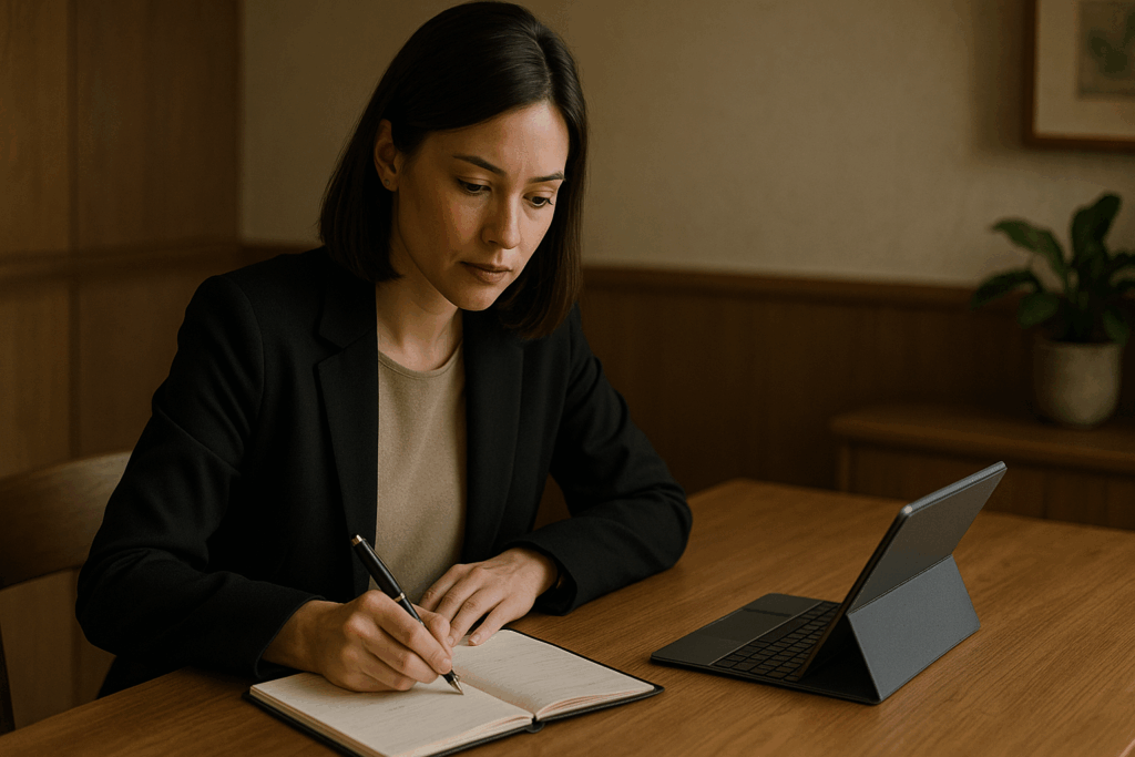 案件の優先順位を冷静に見直し、進捗管理の混乱を防ぐためにタスクを整理している30代女性専門職