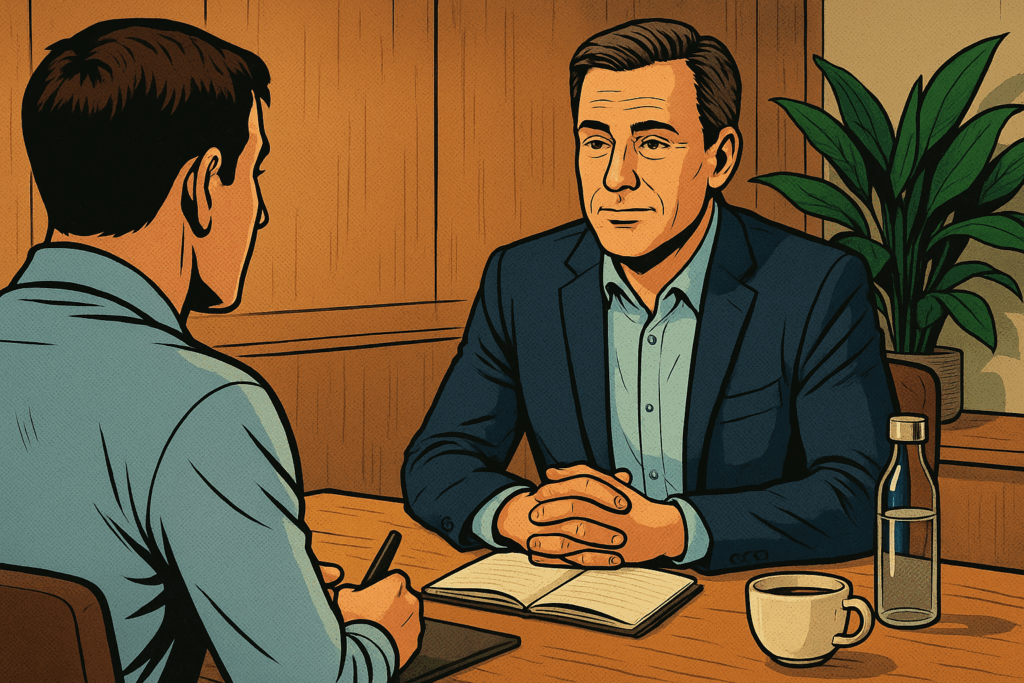 神経的に安定した状態を取り戻し、部下と落ち着いて話し合うことでチーム全体に安心感を伝えている管理職