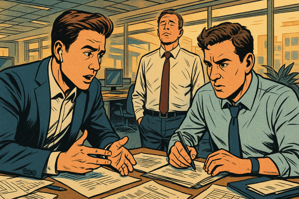 職場の競争によるストレスで防衛反応を起こす部下を前に、冷静さを取り戻そうとする管理職