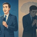 プレゼン中に緊張する人と落ち着いて話す人を左右で対比したイラスト。声と心理の関係を象徴する構図。