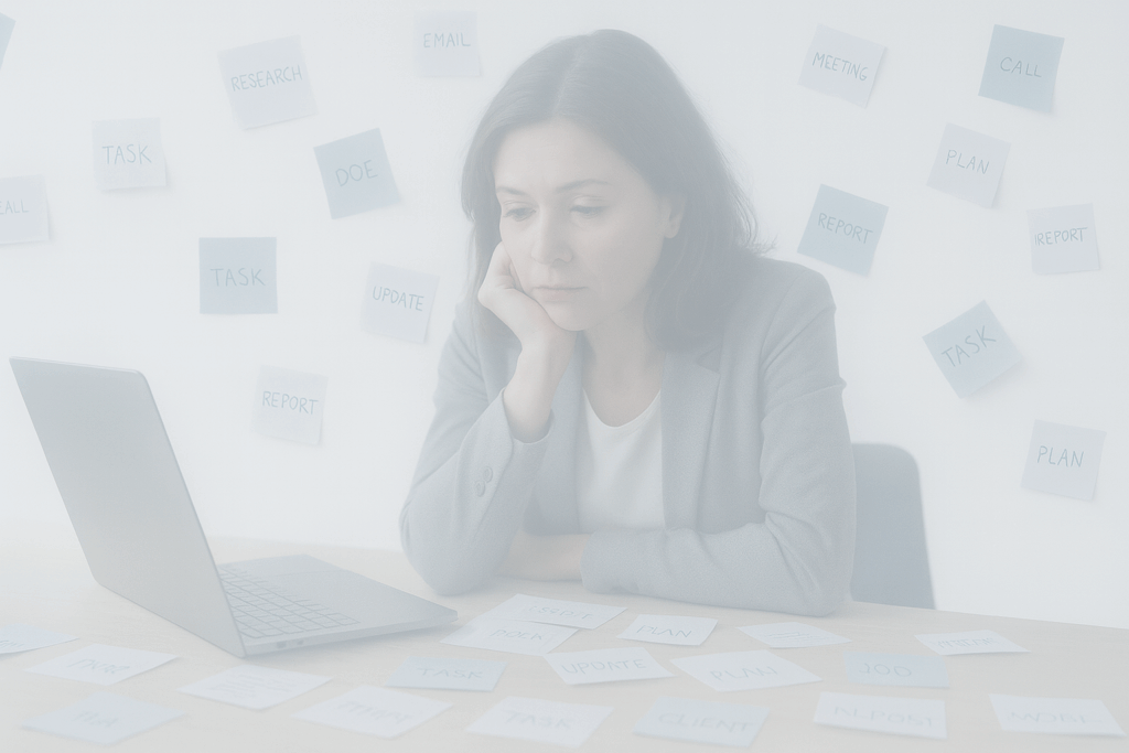 自営業・コンサルタントが提案書作成に時間がかかって悩む様子を描き、仕事効率化のヒントを探している場面