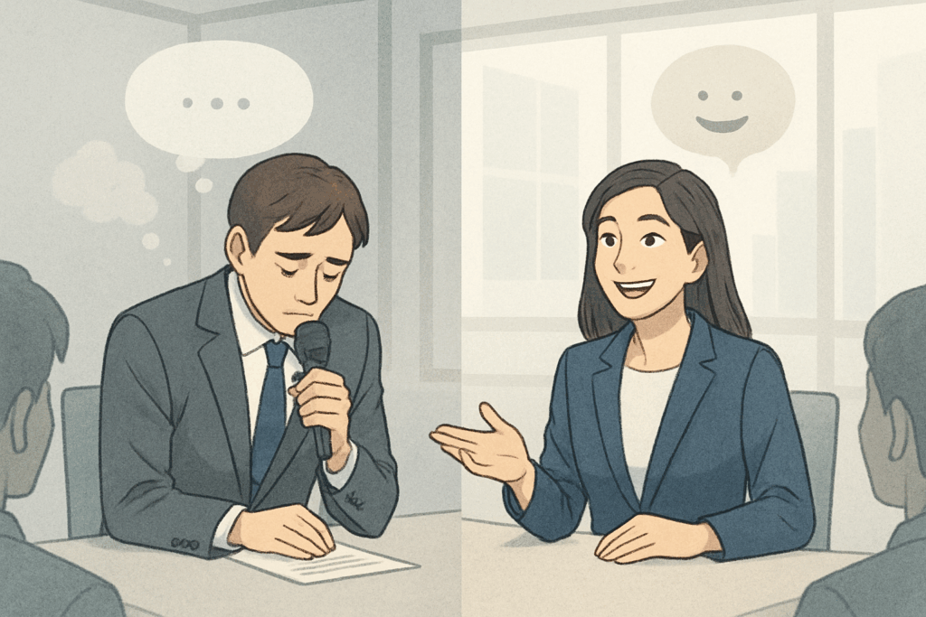 同じ会議内容でも、話し方の違いで印象が変わるプレゼンター2人を描いたイラスト。
