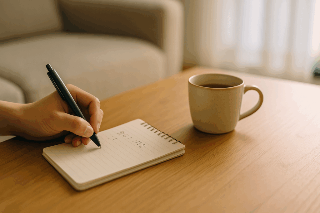 仕事と家庭の両立で感じる罪悪感を、自分を責めずに前向きな言葉に置き換えようとするビジネスパーソンの姿