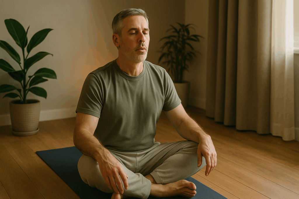 自営業者が脳と腸の連携を回復させるために、呼吸で自律神経を整えている様子