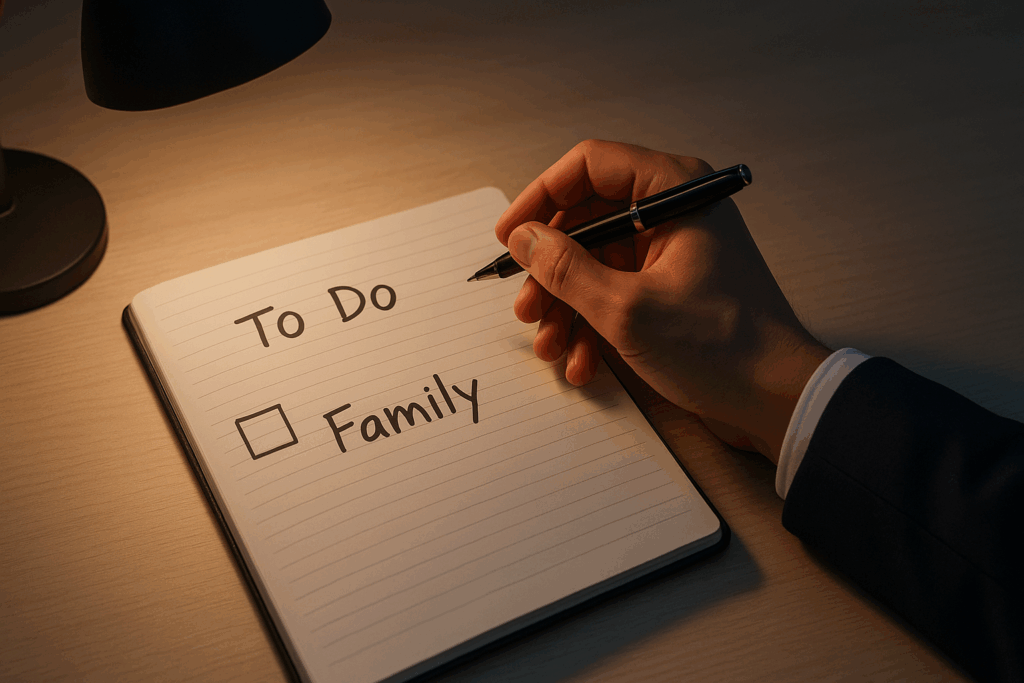 仕事と家庭のどちらを優先すべきか迷い、脳が警告サインとして罪悪感を発していることに気づく管理職のイメージ