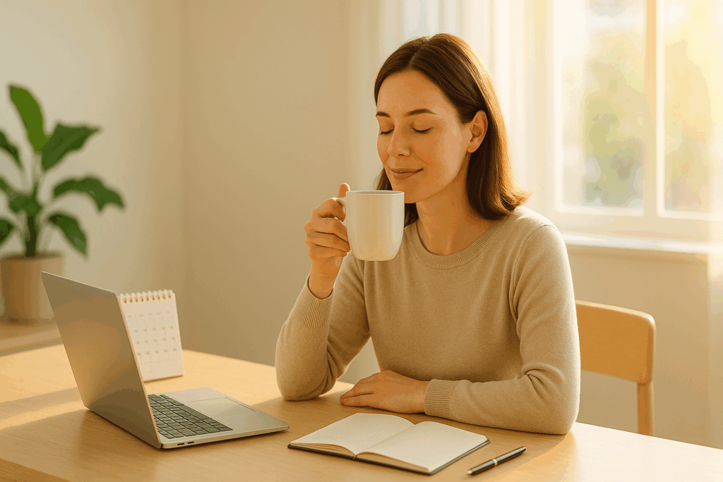 40代のコンサルタントが休息後にリフレッシュした状態で新しい仕事に取り組む様子を表すイメージ