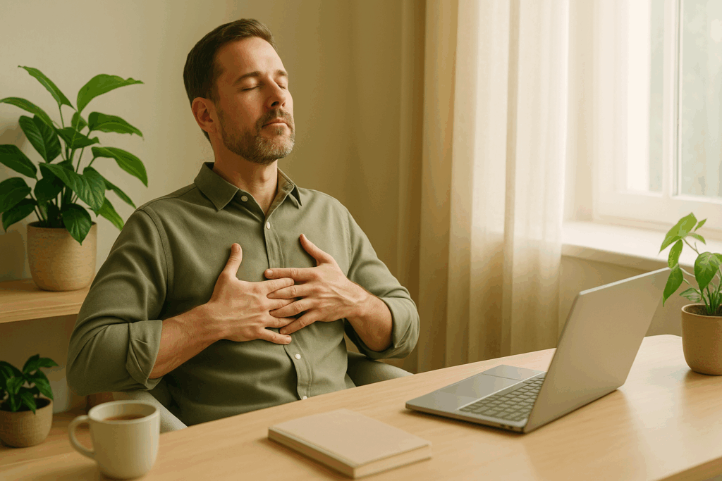 忙しい自営業者が、脳の緊張をゆるめて思考をクリアにするセルフリセット法を実践している。集中力を取り戻すためのリセットタイムを取っている様子