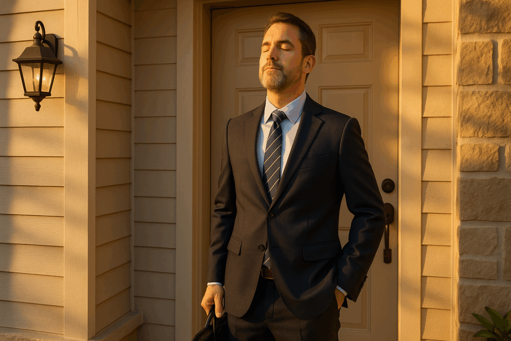 自営業者やコンサルタントが玄関前で深呼吸し、仕事モードから家庭モードへ切り替える実践的リカバリー習慣を行っている様子