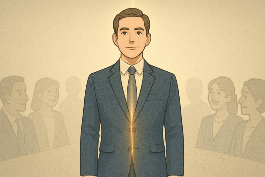 背筋を伸ばして堂々と話すスーツ姿の人物。声と姿勢の安定が信頼感を生む様子を表す。
