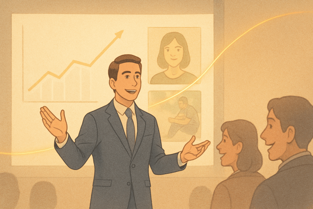 プレゼンターがストーリーを交えて話し、観客が引き込まれている様子。物語の力で心を動かす瞬間を描いたイラスト。