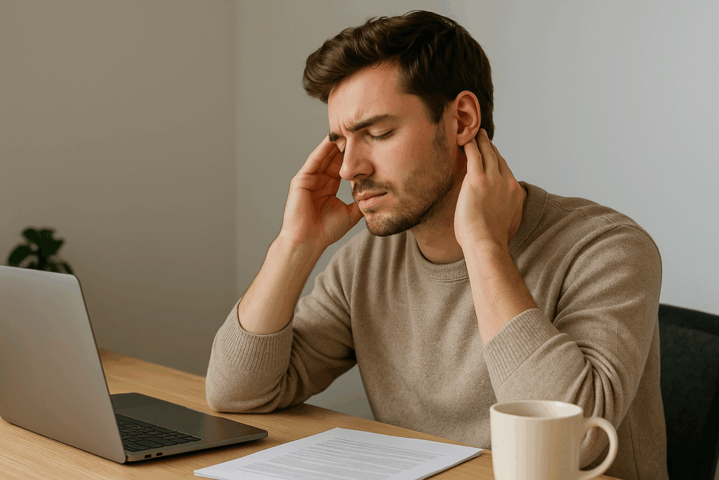 デスクワーク中に耳の後ろをマッサージして神経を落ち着かせ、情報過多による脳の疲れをリセットしている