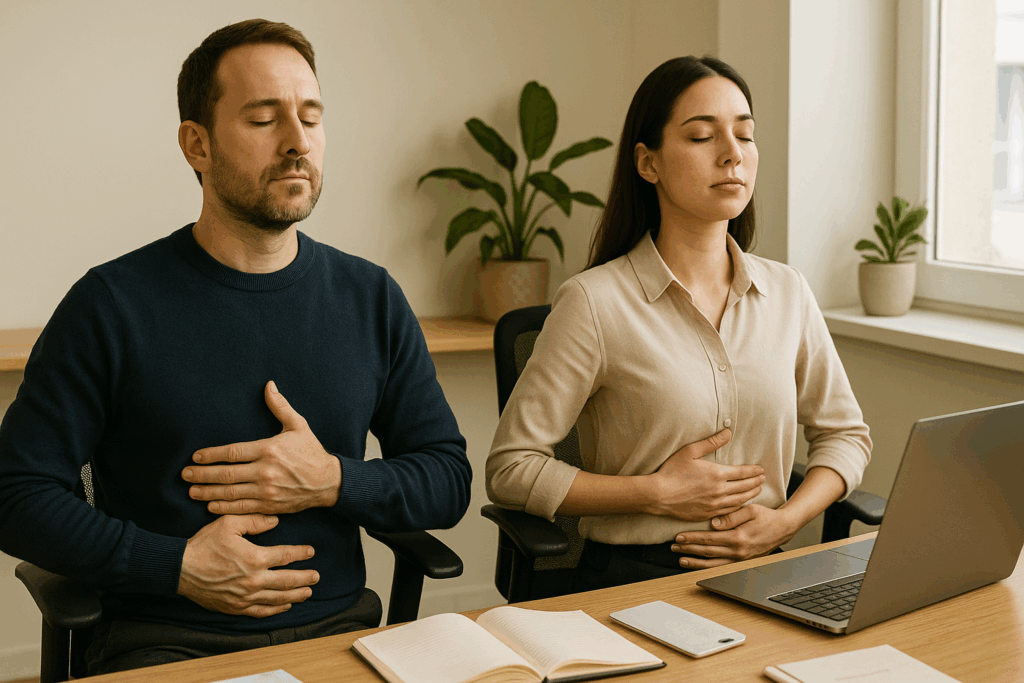 オフィスで椅子に座ったまま呼吸と腸を整えるセルフケアを実践する男女。神経の通りを整える新しい習慣を紹介するための画像