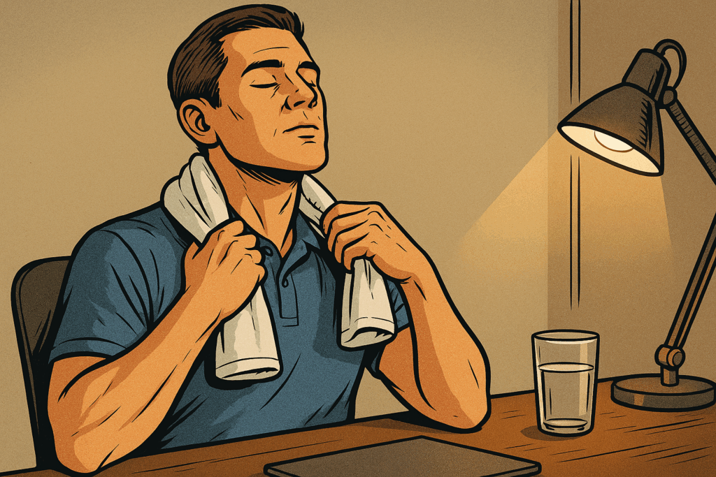 仕事で落ち込みを感じたビジネスパーソンが、首の後ろを冷やす“感覚の逆転スイッチ”で脳の緊張をリセットしている場面