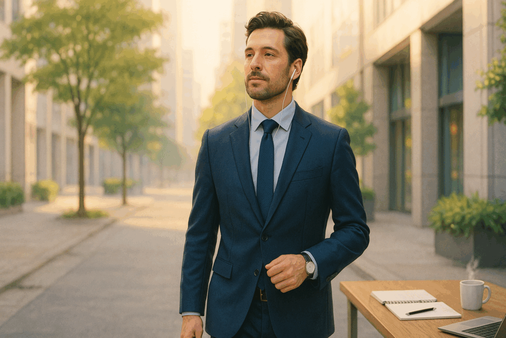 脳と腸の神経バランスを整えて、冷静な判断力を取り戻した自営業男性が落ち着いた朝を迎える様子