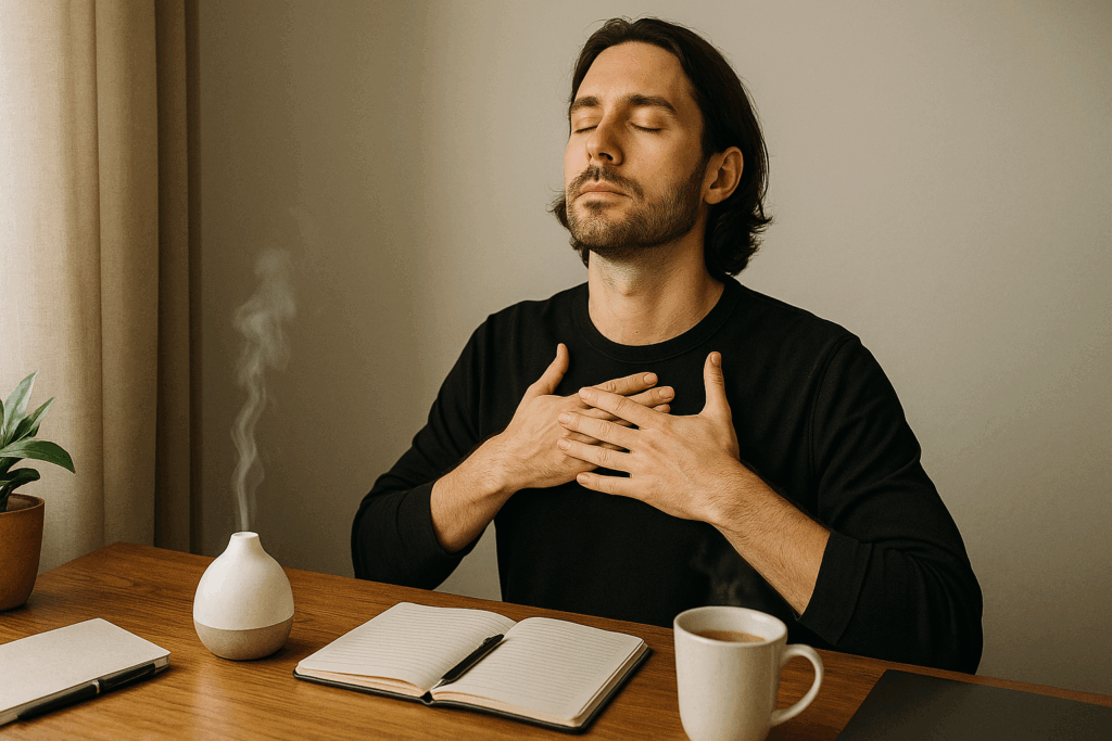 フリーランス男性が仕事の合間に深呼吸し、脳と腸の神経伝達を整える“神経の休憩時間”を実践している様子