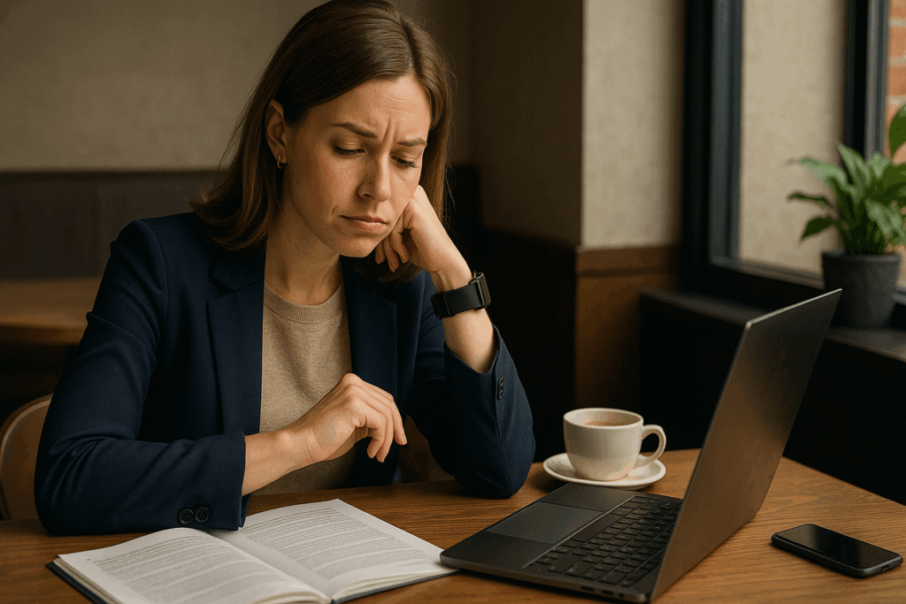 コンサルタント女性がカフェで仕事をしながら時間に追われ、脳の切り替えがうまくいかず集中できない様子を描いた画像