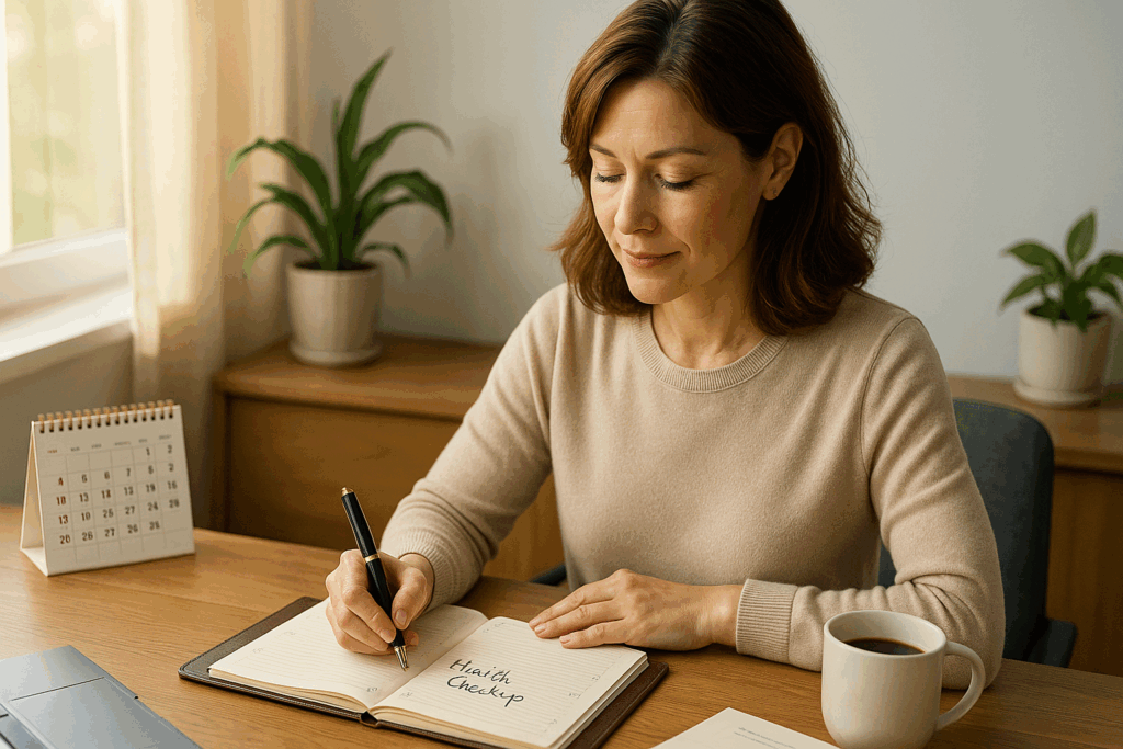 忙しい女性経営者が健康診断の予定を手帳に書き込み、行動に移せる脳の安心状態を取り戻しているシーン