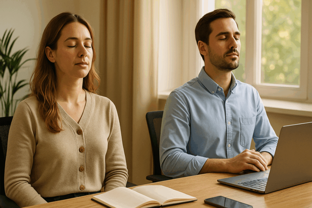 忙しい自営業者が、視覚・聴覚・触覚を意識して五感を再起動し、神経伝達のバランスを整えている様子