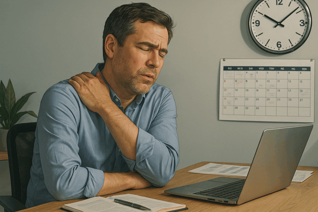 自営業者が肩のこりを感じながらも仕事を続け、体調変化に気づけていない神経の鈍化を示すイメージ