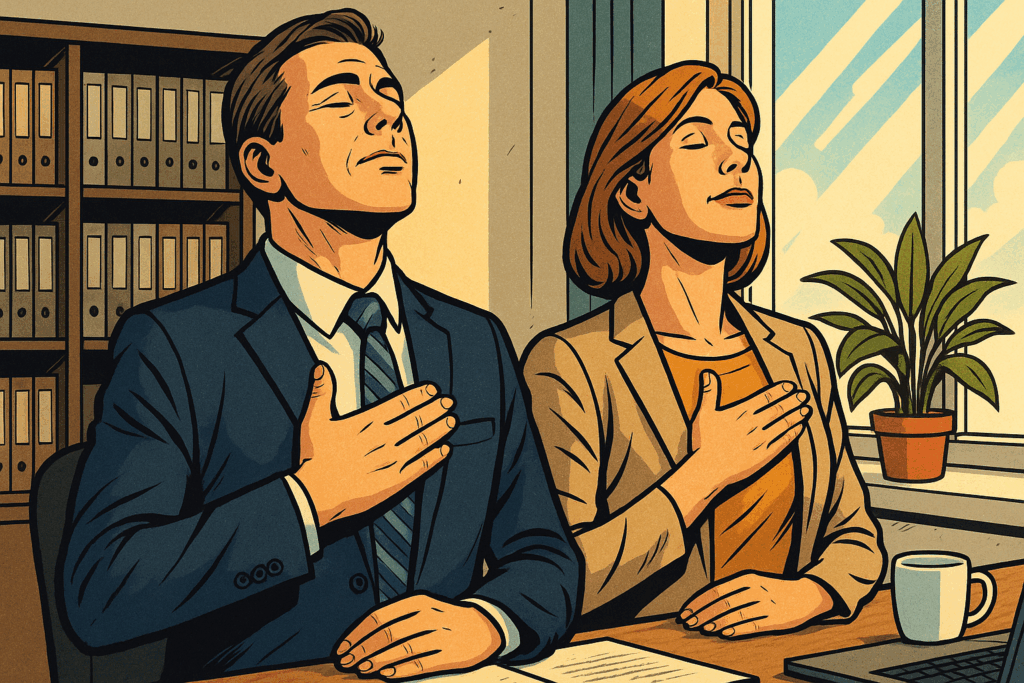 情報処理に疲れた管理職が、神経の受け皿を整え、思考を整理するためにリフレッシュしている様子