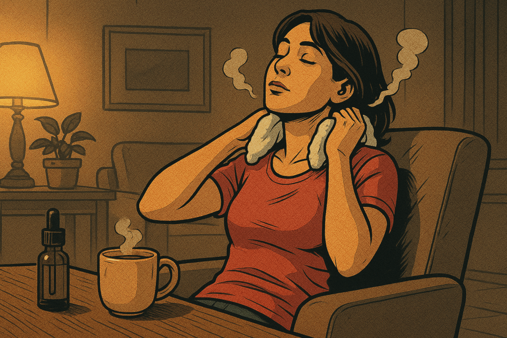 首元を温めて神経の緊張をゆるめ、脳を休ませるために体のチューニングを行う女性