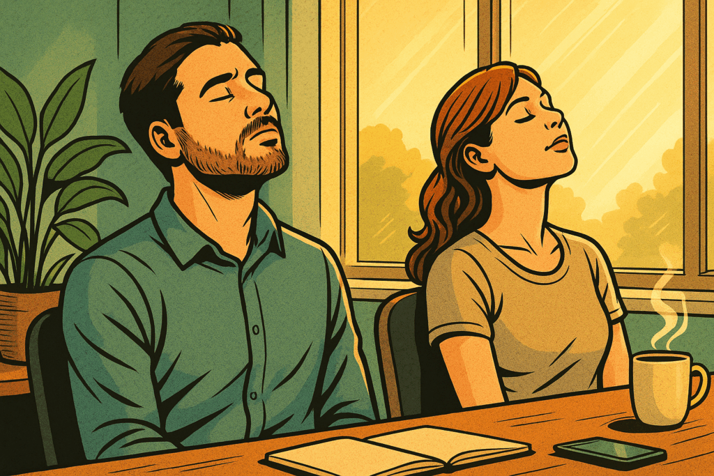 仕事の失敗を引きずるビジネスパーソンが、自律神経を整える首回しセルフケアで脳のブレーキ信号を緩めている場面