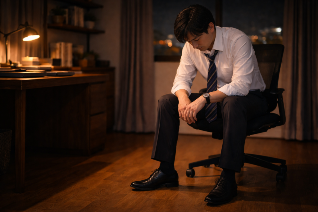 人と会った後に一人で歩きながら気持ちを切り替えているビジネスパーソン。人脈作りが苦手な人が無理を溜めず回復するための実践イメージを表している。

