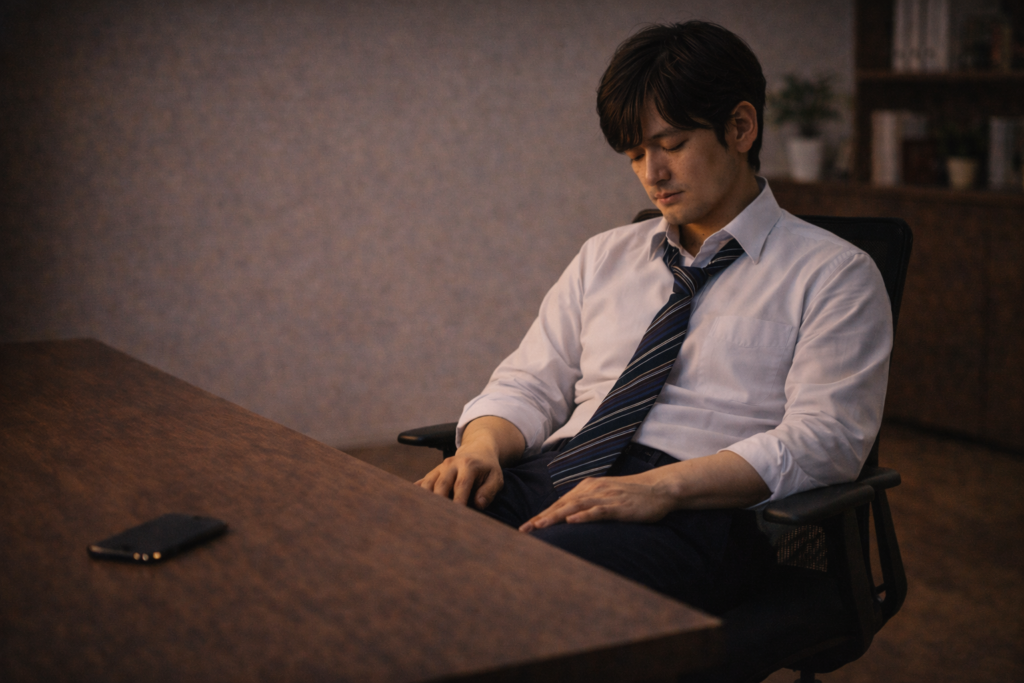仕事後に椅子に座り足元へ意識を向けているビジネスパーソン。疲労感が抜けない状態から回復へ切り替えるための実践場面を表している。