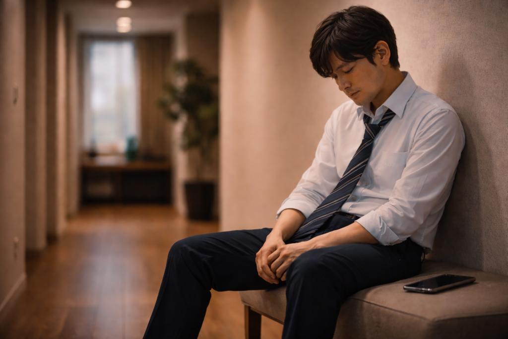 仕事後に足元へ意識を向けて座っているビジネスパーソン。将来のビジョンが描けない状態から抜けるため、判断力を回復させようとしている場面。