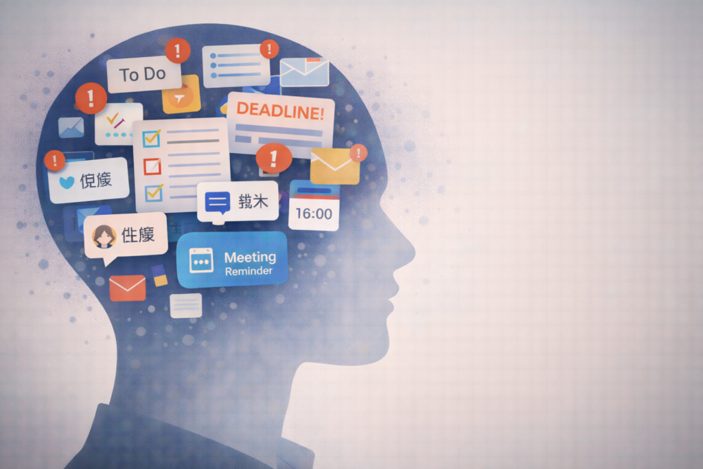 自営業者が心の整理ができず頭の中に考え事が詰まりすぎている状態を示す図解。思考の問題ではなく、脳と身体の連携が弱くなっていることを説明するため。