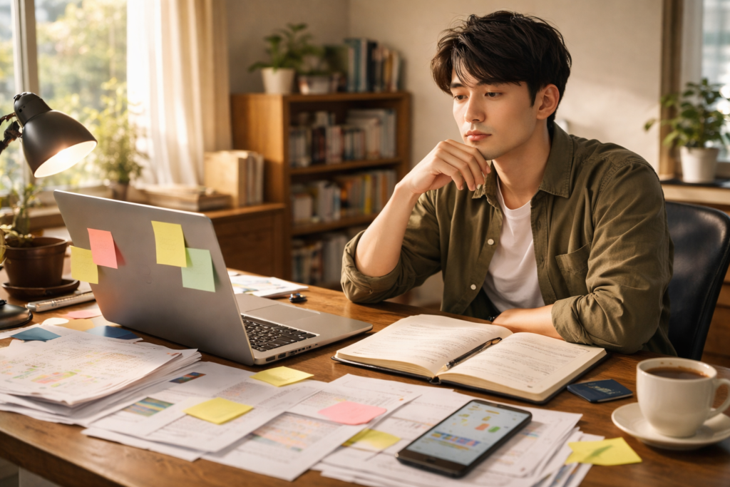 宣伝費をかけられないフリーランスが、デスク上の情報や作業に追われて思考が整理できなくなっている様子。資金不足より先に集中力と判断の余裕を失う状態を示すため。